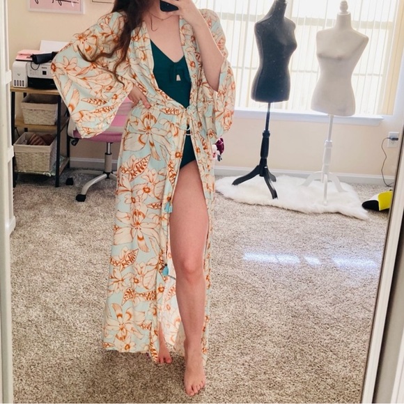 Maaji Light Blue Orange Long Floral Tropical Vacation Kimono Swim Coverup Robe - Picture 5 of 5